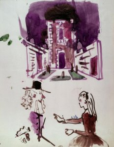 Bühnenbildentwurf und Figurinen des Dorante und der Angélique