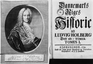 Baron Ludvig Holberg (1684-1754) und die Titelseite von Band I seiner Geschichte Dänemarks, veröffentlicht in Kopenhagen, 1732