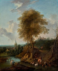 Landschaft mit drei Bäumen und Kirche