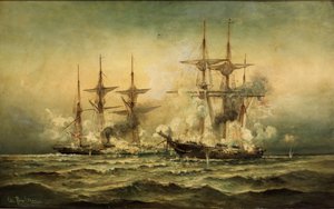 Kearsarge und Alabama vor dem Hafen von Cherbourg in Frankreich, 19. Juni 1864, ca. 1870