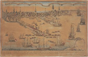 Ansicht eines Teils der Stadt Boston in Neuengland und britische Kriegsschiffe, die ihre Truppen landen! von Christian Remick
