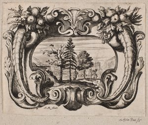 Emblem mit einem Gärtner und einem Amor, der einen Baum pflanzt
