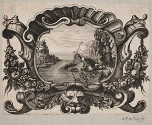 Emblem mit Hirte, der sich in einem See spiegelt