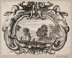 Emblem mit einem Mann, der einem Hund Kunststücke beibringt