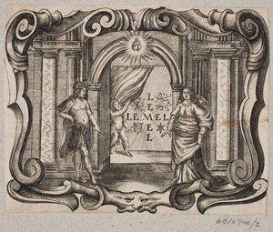 Emblem mit Portal, Mann und Frau, Amor und zwei brennenden Herzen
