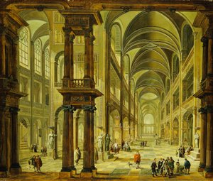 Ein imaginäres Kircheninneres mit Figuren