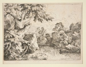 Landschaft mit Teich, umgeben von Felsen und Bäumen