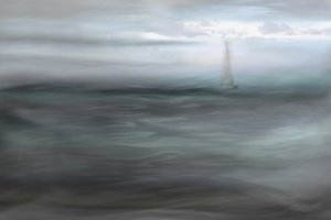 Nebliges Ozeansegelboot