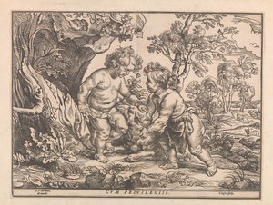 Christuskind und Johannes der Täufer spielen mit dem Lamm