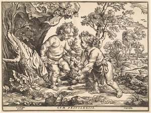Das Jesuskind und der heilige Johannes spielen mit dem Lamm