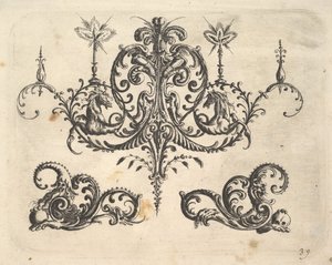Ein fantastischer Kronleuchter mit brennenden Kerzen und Arabesken, einige enden in fantastischen Pferden, 1610 von Christoph Jamnitzer