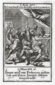 Simon und seine zwei Söhne werden von Ptolemäus getötet. 1 Makkabäer 14:16, 1695 von Christoph Weigel