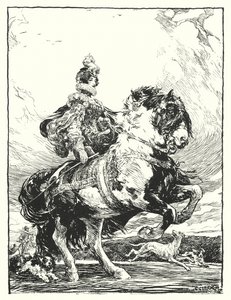 Frau in Tudor-Kostüm auf der Jagd zu Pferd