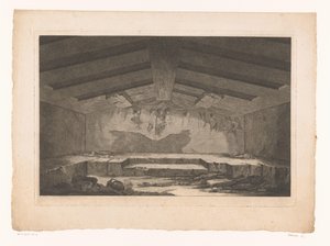 Etruskische Grabkammer in Tarquinia mit einem Wandgemälde einer Prozession an der Rückwand von Christopher Norton