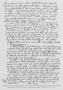 Bericht von Sir Christopher Wren an das Komitee der Stadtländer über die Fertigstellung des Denkmals, 28. Juli 1675