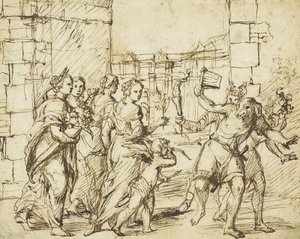 Das Lupercalianische Fest in Rom: Amor und Personifikationen der Fruchtbarkeit begegnen den Luperci, die als Hunde und Ziegen verkleidet sind von Circle of Adam Elsheimer