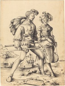 Ein Soldat geht mit einem Lageranhänger von Circle of Urs Graf I