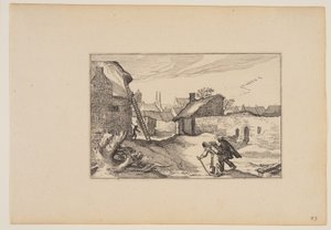 Ein Dorf, Leiter an Haus auf der linken Seite, aus Landschaften (Verscheyden aerdige Lanthuysen...) von Claes Jansz. Visscher