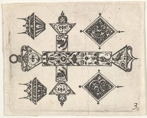 Schwarzarbeit-Druck mit einem lateinischen Kreuz und vier Motiven, ca. 1620