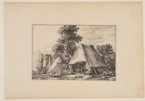 Bauernhof mit Schuppen für einen Wagen, aus Landschaften (Verscheyden aerdige Lanthuysen...) von Claes Jansz. Visscher