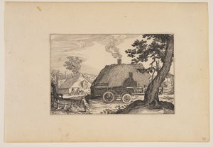 Bauernhöfe, Fahrgestell eines Wagens in der Mitte, aus Landschaften