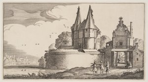 Bastion und Stadttor an einem Fluss, aus Landschaften (Playsante Lantschappen) von Claes Jansz. Visscher II