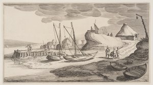Boote an Land in der Nähe eines Wachturms, aus Landschaften (Playsante Lantschappen) von Claes Jansz. Visscher II
