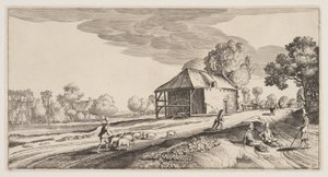 Kreuzung in der Nähe einer Wassermühle, aus Landschaften (Playsante Lantschappen)