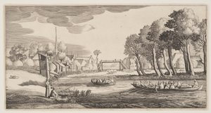 Reisende in Ruderbooten nähern sich einem Dorf, aus Landschaften (Playsante Lantschappen) von Claes Jansz. Visscher II