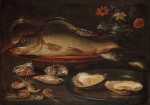 Stillleben mit Fisch, Austern und Garnelen, ca. 1620-50 von Charlotte Evans