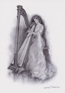 Frau, die eine Harfe spielt