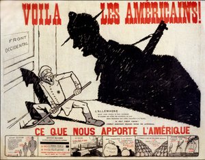 Hier sind die Amerikaner und was Amerika uns bringt - Plakat über den amerikanischen Kriegsaufwand, ill. von Charles Saunier (geboren 1865)
