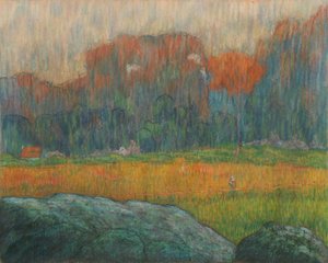 Landschaft mit Figur und Häusern