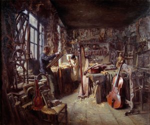 Ein Restaurator in seiner Werkstatt voller Instrumente von Claude Firmin