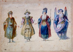 Vier Priester des Theaters Aquarell von Claude Gillot (1673-1722) von Claude Gillot