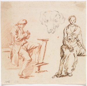 Blatt mit Studien: Sitzender Mann, Kopf eines Hundes, sitzende Frau von Claude Joseph Vernet