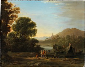 Landschaft mit Figuren, die Holz auf ein Boot laden von Claude Lorrain
