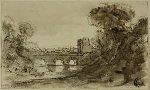 Italienische Flusslandschaft mit Brücke und Turm