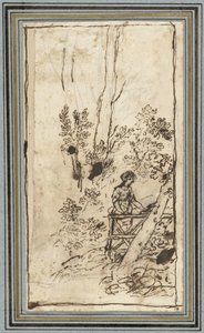 Junge Frau, die an einem Zaun im Wald steht (Studies von Tieren aus dem Dierenalbum) von Claude Lorrain