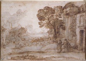 Landschaft mit Abraham, der Hagar und Ismael vertreibt, um 1665-67 (Feder und Tinte und Waschung über Kreide auf Papier)