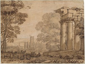 Landschaft mit Ruinen, pastoralen Figuren und Bäumen