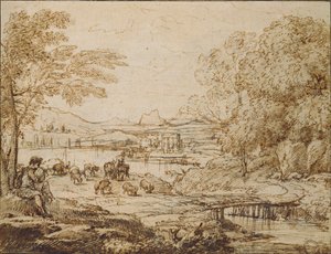 Jugendlicher spielt eine Pfeife in einer pastoralen Landschaft, um 1640er Jahre von Claude Lorrain
