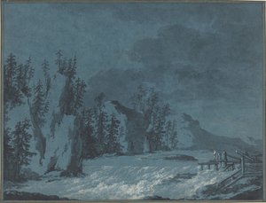 Flussstromschnellen bei bewaldeten Klippen