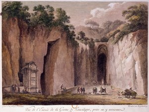 Blick auf die Höhle von Pausilippe (Posillipo) (oder „Grotta Vecchia“), in der Nähe von Neapel. Zeichnung von Chatelet von Claude Louis Chatelet