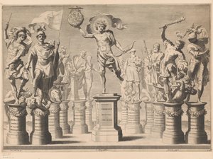 Allegorie zu Ehren des Hauses Savoyen mit legendären Figuren auf Sockeln von Claude Mellan