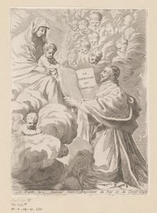 Armand-Jean du Plessis Herzog von Richelieu präsentiert ein Buch an Maria mit Kind (Titelblatt für: Armand-Jean du Plessis Herzog von Richelieu, Traité de la perfection du chrétien) von Claude Mellan