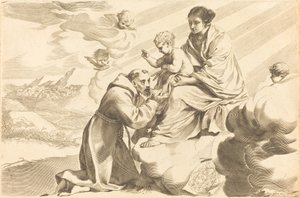 Der heilige Franziskus betet das Christkind an