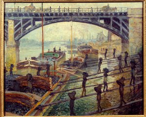 Kohlenarbeiter entladen Waren von den Kähnen am Ufer der Seine, Gemälde von Claude Monet von Claude Monet