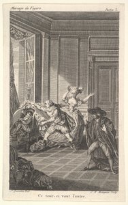 Ein Mann, der sich in einem Stuhl zusammenrollt, schaut auf einen anderen Mann, der von links auf ihn zukommt, ca. 1784