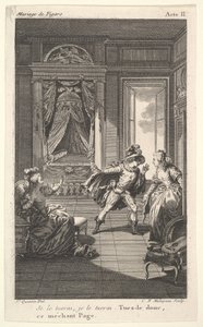 Ein Mann lehnt sich zu einer Frau, die in einer Türöffnung rechts steht, links hebt eine sitzende Frau..., ca. 1784 von Claude Nicolas Malapeau